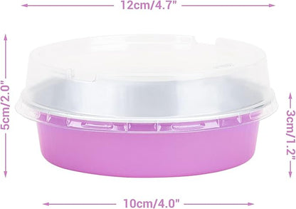 Beasea Disposable Mini Pans with Lids, 50 Pack 4” 8oz Light Pink Aluminum Baking Foil Tins Round Small Tart Container for Individual Cupcake Dessert Muffin Ramekin Cheesecake Quiche Oven Dishes
