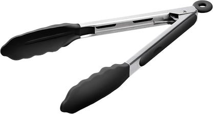 Doosu Kitchen Tongs for Cooking - 600°F Heat Resistant Food Tong with Non-Scratch Silicone Tips, Heavy Duty Stainless Steel Locking Tong for BBQ, Grilling Steak, Serving Salad, Pasta (9in, Black)