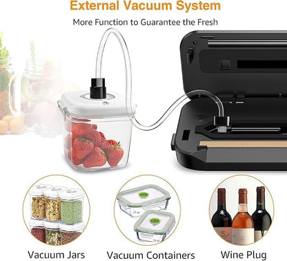 MegaWise Food Vacuum Sealer Machine – High-Power 80kPa Suction, One-Touch Operation, Built-in Cutter – Works with All Food Types, Includes Bags & Hose (Black), Keeps Food Fresh 5x Longer