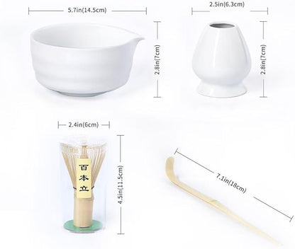 Matcha Whisk Set,Ceramic Matcha Set,with Ceramic Bowl,Bamboo Whisk&Holder,Scoop,Authentic Japanese Matcha,for Matcha Lovers,Gift for Family/Friend(Porcelain white)