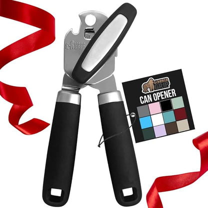 GORILLA GRIP Heavy Duty Stainless Steel Smooth Edge Manual Can Opener and Bottle Openers, Soft Comfortable Handle, Oversized Handheld Turn Knob, US Designed Multifunctional Kitchen Tool, Black