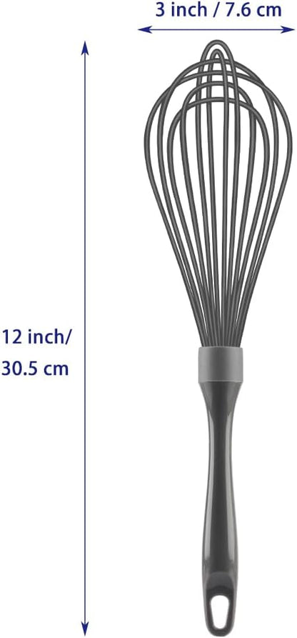 Dishwasher Safe Whisk, Professional Whisks For Cooking Non-Scratch, Stainless Steel & Silicone Wisk, Plastic Rubber Whisk Tool For Nonstick Cookware Pans, Heat Resistant Whisk 12-Inch, Grey