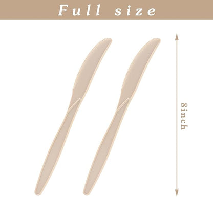 100% Compostable Knives 125 Count,Disposable Knives No Plastic Knives Heavy Duty Silverware, BPA-Free Cutlery Flatware Utensils Ecofriendly,Light Brown