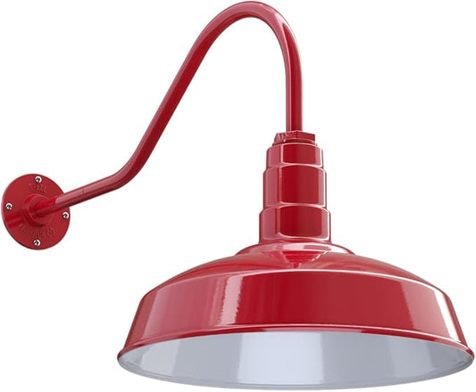 Steel Lighting Co. Gardena Barn Light | Outdoor Wall Mounted | 16" Dome | 23" Gooseneck | Farmhouse Light Made in America | Red Exterior/White Interior
