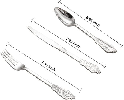 WDF 200 Pieces Silver Plastic Silverware Disposable - 50Guests Silverware Plastic Cutlery - Disposable Utensils Includes 100 Forks, 50 Spoons, 50 Knives Perfect for Christmas Wedding or Party