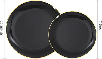 KIRE 100PCS Black and Gold Plates - Black Plastic Plates Disposable with Gold Rim for Halloween Party/Wedding/Birthday Include 50Pcs 10.25inch for Dinner and 50Pcs 7.5inch for Dessert/Salad