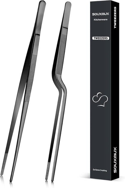 10-inch Cooking Tweezer and Offset Tweezer Set, Tongs Precision Serrated Tips, Stainless Steel Professional Chef Tweezer Kitchen Tools for BBQ, Plating and Serving