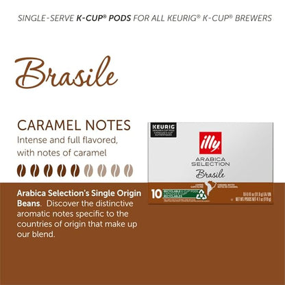 Illy Coffee K Cups - Pods For Keurig Machines – Brasile Bold Roast – Notes of Caramel – Intense & Full-Flavored Flavor - No Preservatives – 10 Count, 6 Pack