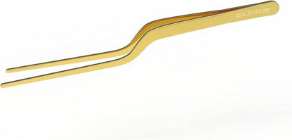 CREATIVECHEF 8 Inch Curved Stainless Steel Precision Kitchen Cooking Multi-function Tweezers Culinary Offset Tweezer Tongs (Curved, Gold）