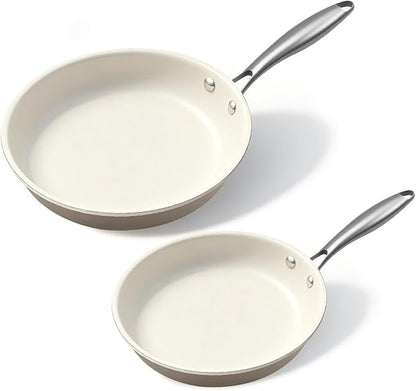 8.5 Inch and 10.25 inch Ceramic Nonstick Frying Pan Skillet - PFAS-Free, Non-Toxic, Oven Safe & Induction Ready, Aluminum Cookware with Stainless Steel Handle