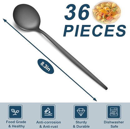Pleafind 36-Pcs Matte Black Dinner Spoons, 8.3 inch Round Head Spoons, Stainless Steel, Dishwasher Safe