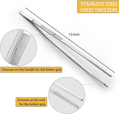JETKONG 12 Inch Kitchen Tweezers Cooking Tweezer Tongs, Stainless Steel Food Tweezers Multi-function Precision Serrated Tips Kitchen Serving Tong