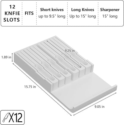 Domax Bamboo In-drawer Knife Block - Knife Drawer Organizer Insert Large Handle Steak Knife Holder, Kitchen Drawer Knife Organizer Fits for 12 knives and 1 Sharpening Steel (Not Included), White