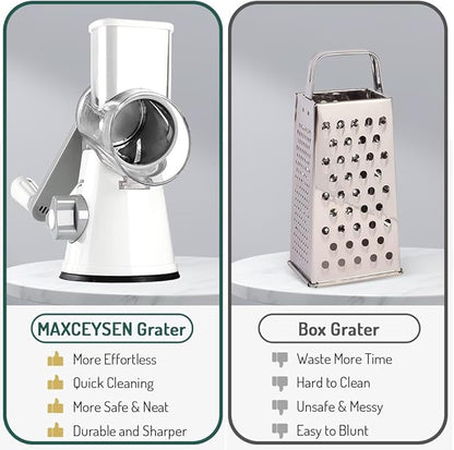 Rotary Cheese Grater with Handle Vegetable Shredder Round Kitchen Slicer Mandoline Grater for Vegetable, Nuts, Chocolate, Chesse, White, 3 Stainless Steel Blades