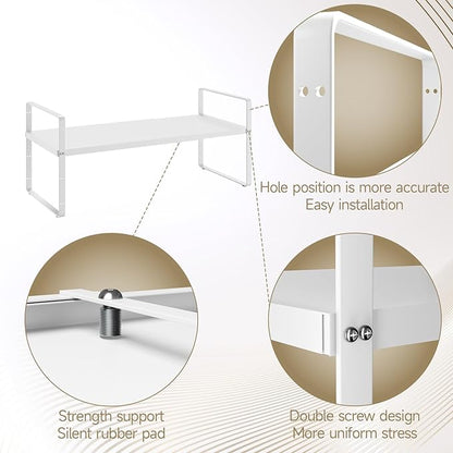 16.5~27.1" Expandable Shelf Organizer, 1Pack 8.1" Wide Stackable Cabinet Shelf Organizers, White Metal Sturdy Kitchen Counter Storage for Countertop, Adjustable Height Spice Rack