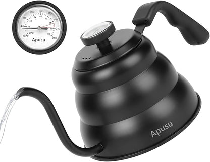 Pour Over Kettle for Manual Drip Coffee and Tea with Thermometer 28oz Gooseneck Kettle with Flow Control Stainless Steel Water Kettle for Stovetop,800ml,4 Cup,Black,1Pack