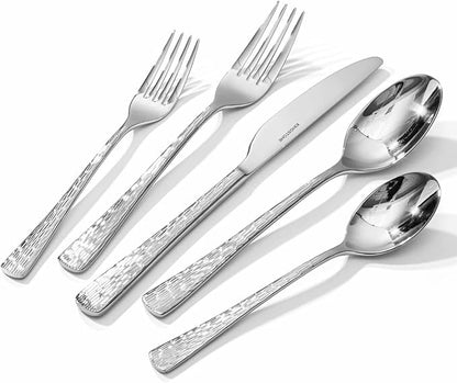 KINGSTONE Hammered Silverware Set, Flatware Set with Serving Utensils, 18/10 Stainless Steel Premium Cutlery with Unique Ripple Handles Design Mirror Polished - Dishwasher Safe (65-Piece)