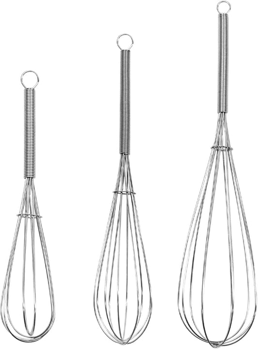 Mini Wire Whisk, 3-Pack - 8, 10 & 12 Inch Small Whisk for Cooking - Ergonomic Spiral Handle, 304 Stainless Steel - Ideal for Whisking, Beating, Blending & Mixing Sauces - Silver