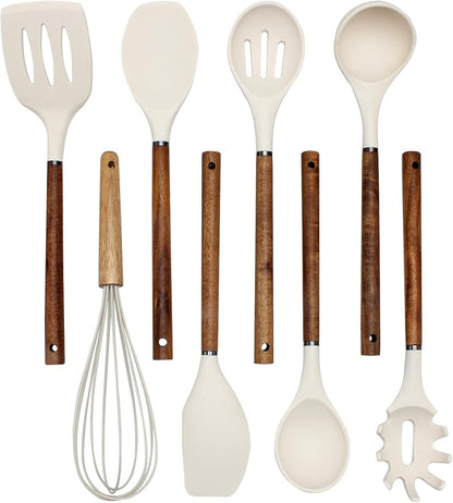 Country Kitchen Non Stick Silicone Utensil Set with Rounded Wood Handles for Cooking and Baking, 8 Piece Set, Khaki