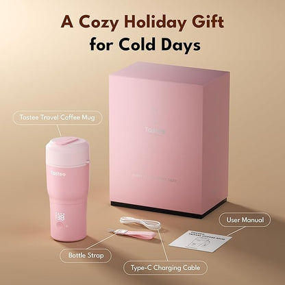 Tastee Heated Coffee Mug – 12oz Portable Travel Mug with 1℉ Precise Temperature Control, 8-Hour Heat Retention, 30W Fast Charging, Leak-Proof, Wide Mouth, Gift-Ready for Office, Home & Outdoor(Pink)