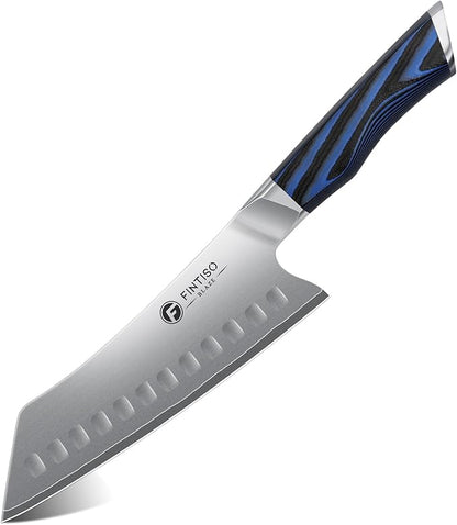 FINTISO 7 Inch Chef Knife, Ultra Sharp Kitchen Knife with G10 Handle, High-End 5 Layers 10Cr15CoMoV Japanese Stainless Steel Santoku Knife, Professional Cutting Knife for Vegetables and Meat