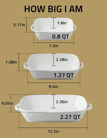 Sweejar Casserole Dishes for Oven, Baking Dish Set of 3,Ceramic Bakeware Set, Rectangular Baking Pan for Cooking,Kitchen,Banquet,12.2x9.2x2.5 Inches (White)