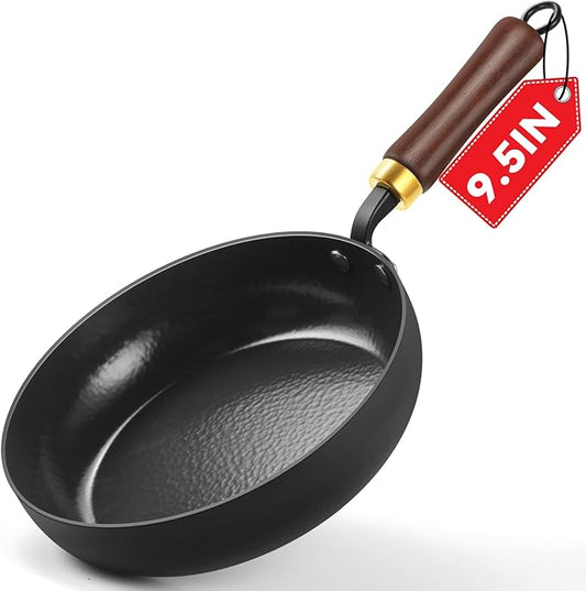 Enameled Carbon Steel Skillet, 9.5-Inch Nonstick Frying Pan, Stay-Cool Wooden Handle, Non Toxic, PTFE & PFOA Free Oven-Safe, Season-Free Carbon Steel Pan
