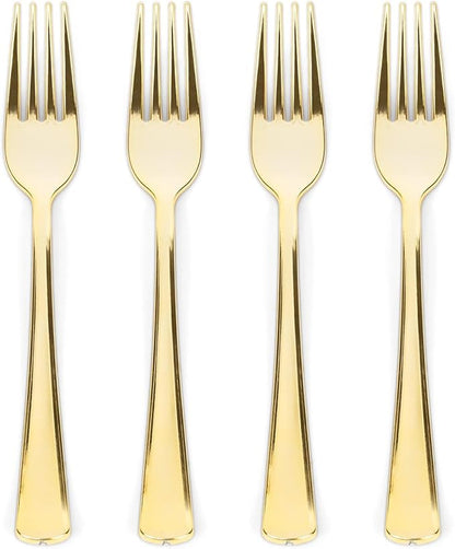 Prestee 100 Gold Plastic Forks - Heavy Duty Elegant Disposable Utensils - Fancy Plastic Silverware for Weddings and Holidays - Heavyweight 7 Inch Forks for Special Occasions