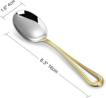 KEAWELL Pearl Edge 4-Piece Premium Spoon Set, 18/10 Stainless Steel, Fine Silverware Spoons with Refined Bead Design, Brightly Polished, Dishwasher Safe (Gold Accent, 6.3" Condiment Spoons)
