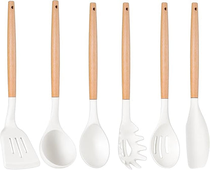 P&P CHEF Cooking Utensils Set, 6 PCS Kitchen Utensils with Wooden Handle, Silicone Spatula for Nonstick Cookware, Easy Clean & Non-toxic, White