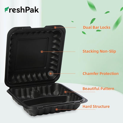 Food Containers Mineral Filled PP 55 Pack - 8x8 34 oz Shrink Wrap BPA Free Plastic | Stackable Storage Clamshell Takeout Container | Reusable Microwave Safe | 3 Compartment Black Lunch Boxes