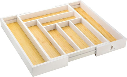 Cozee Bay Bamboo drawer organizer, utensil holder, silverware organizer, and adjustable cutlery tray with drawer dividers, for kitchen, office desk, and bathroom storage (White)