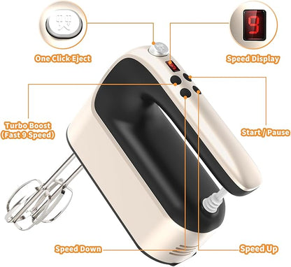 9-Speed Digital Hand Mixer Electric, 400W Powerful DC Motor, Baking Mixer Handheld with Snap-On Storage Case, 5 Stainless Steel Accessories, Flat Beaters, Dough Hooks, Whisk (Champagne Gold)
