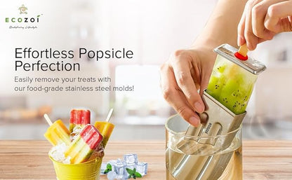 ecozoi Stainless Steel Popsicle Molds and Rack - 10 Square Ice Pop Makers + 50 Reusable Bamboo Sticks + 20 Silicone Seals + 1 Cleaning Brush + 1 Rack