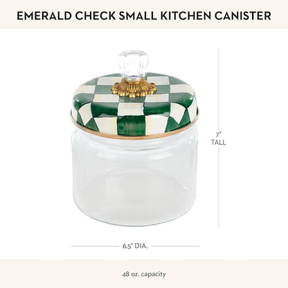 MACKENZIE-CHILDS Small Kitchen Canister, Decorative Glass Storage Jar with Lid, Green-and-White Emerald Check