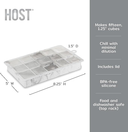 Host Ice Cube Tray with Lid, Makes 15 1.25" Cubes, Durable Silicone Trays, Perfect for Cocktails, Beverages, Mocktails, Iced Coffee, Tea, Infused Water, Kitchen Essentials, Set of 1, Marble