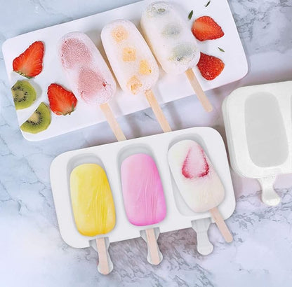 Ouddy Life Popsicle Molds Set of 2, Ice Pop Molds Silicone 4 Cavities Ice Cream Mold Oval Cake Pop Mold with 50 Wooden Sticks for DIY Popsicle, White