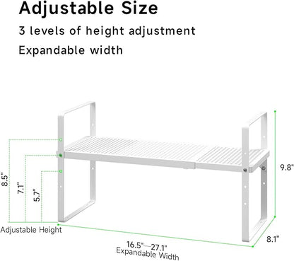 Expandable Cabinet Storage Shelf Stackable Organizer Rack for Kitchen Bathroom Pantry Spice Cupboard Coffee Countertop Home Office Desk Heavy Duty Nonslip White Small 2 Packs