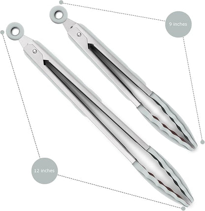 2 Pack Warm Grey Kitchen Tongs, Premium Silicone BPA Free Non-Stick Stainless Steel BBQ Cooking Grilling Locking Food Tongs, 9-Inch & 12-Inch
