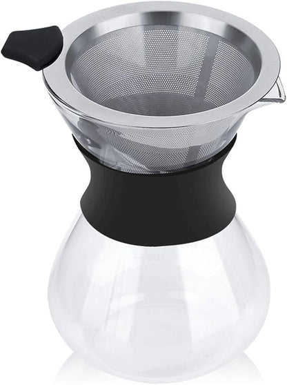 Joyzan Pour Over Coffee Maker, High-Heat Paperless Glass Drip Dripper Brewer Carafe with Reusable Stainless Steel Filter Scale Line Paperless Removable Portable Pot Set Clear Camping Hiking 400ML