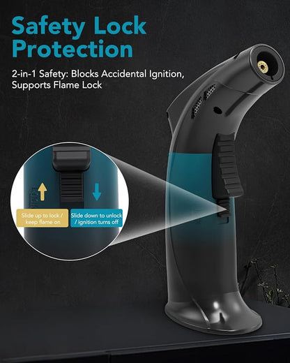 Cooking Torch Lighter - Refillable Butane Torch with Flame Lock, Adjustable Flame Mini Blow Torch Set for Cooking, Baking, Creme Brulee, Soldering (Gas Not Included)