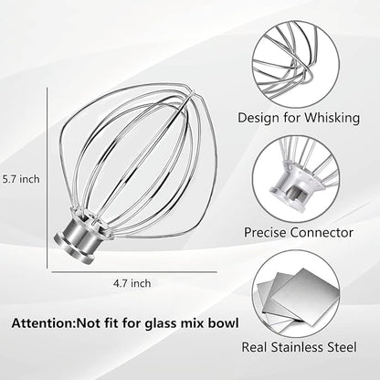K45WW Stainless Steel Wire Whip for KitchenAid Artisan Series Tilt-Head Mixer 5 Quart Bowl, 6 Wire Whisk Fits for Artisan Mixer, Heavy Duty, Dishwasher Safe, Balloon Whisk