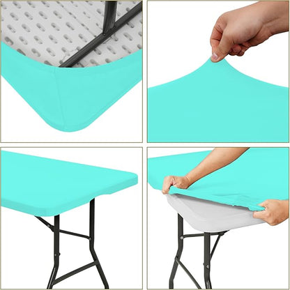 6 Pack Fitted Tablecloth for 8 Foot Rectangle Tables, Aqua Blue Elastic Outdoor Picnic Table Cover, Washable Stretch Folding Table Cloths 8 ft for Camping Party Patio Kitchen Banquet, 30" W x 96" L