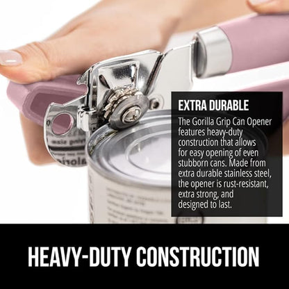 GORILLA GRIP Heavy Duty Stainless Steel Smooth Edge Manual Can Opener and Bottle Openers, Soft Comfortable Handle, Oversized Handheld Turn Knob, US Designed Multifunctional Kitchen Tool, Pink