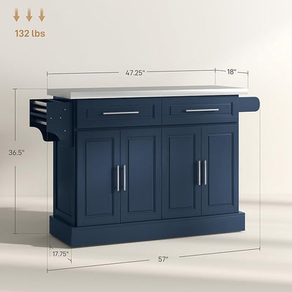 HOMCOM Rolling Kitchen Island Cart with Wheels, Portable Island Table for Kitchen with Stainless Steel Top, Adjustable Shelves, 2 Drawers, Spice, Knife and Towel Rack, Navy Blue