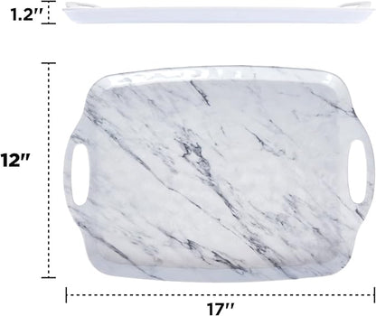TP Serving Trays with Handles, 17 x 12 Inch Melamine Serving Platters for Food, Meat, Set of 2 Rectangular Trays for Eating, White Marble
