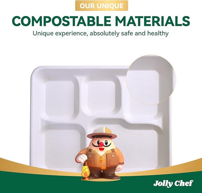 JOLLY CHEF Compostable 𝟱 Compartment Paper Plates 10*8.25*1 𝗶𝗻𝗰𝗵 [𝟱𝟬𝟬 𝗣𝗮𝗰𝗸] Small Heavy Duty Divided Disposable White Eco-Friendly Biodegradable Food Tray for School Lunch Thanksgiving Day