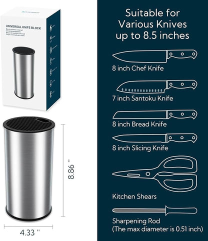KITCHENDAO Universal Stainless Steel Knife Block,Round Kitchen Knife Holder without Knives, Modern Countertop Space Saver Knife Storage Stand with Slots for Scissors,Detachable for Easy Cleaning