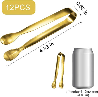 JCREN 12 Pcs Serving Tongs, Small Serving Utensils for Parties Catering Gold Tongs, Food-Grade 304 Stainless Steel Mini Appetizer Tongs for Tea Party Coffee Bar, 4 Inches - Gold
