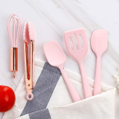 Rose Gold And Pink Kitchen Utensil Small Five-Piece Set Mini Silicone Kids Kitchen Tools Whisk Spatula Tongs Spoon And Slotted Spatula(Kids Baking Supplies)